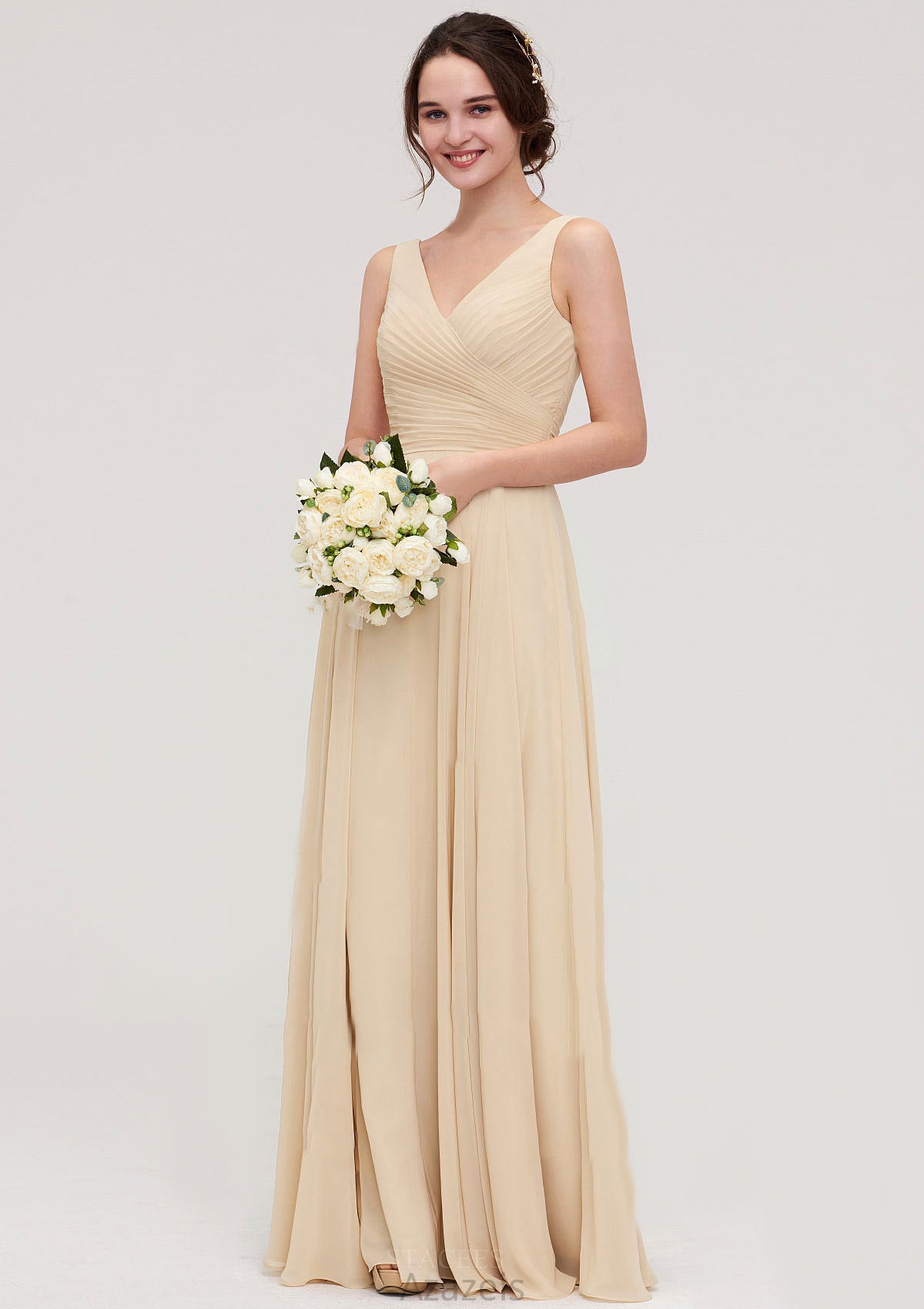 A-line/Princess V Neck Long/Floor-Length A-line/Princess Chiffon Bridesmaid Dresses With Sashes Pleated Maggie DFP0025322