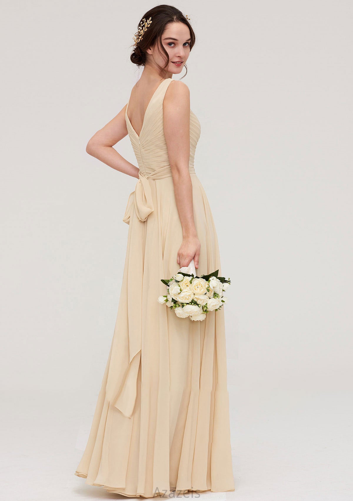 A-line/Princess V Neck Long/Floor-Length A-line/Princess Chiffon Bridesmaid Dresses With Sashes Pleated Maggie DFP0025322