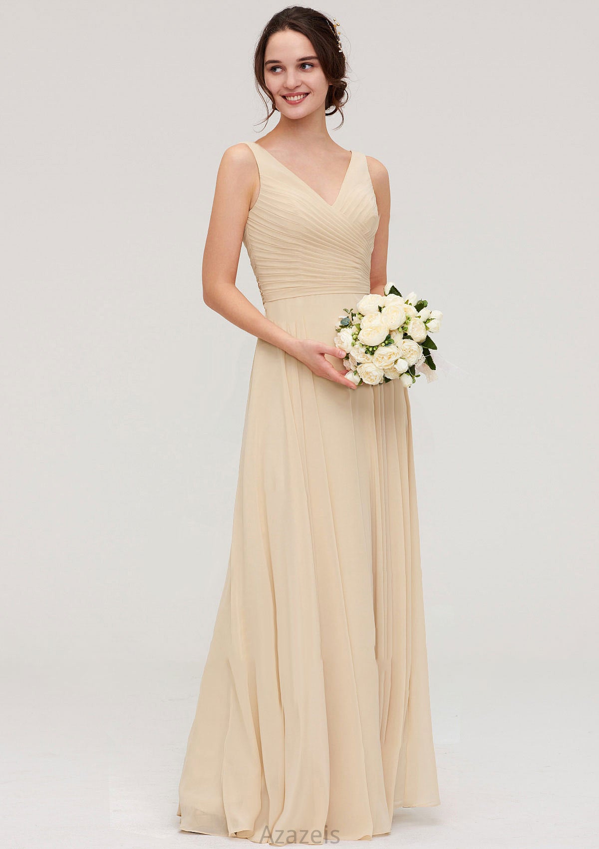 A-line/Princess V Neck Long/Floor-Length A-line/Princess Chiffon Bridesmaid Dresses With Sashes Pleated Maggie DFP0025322