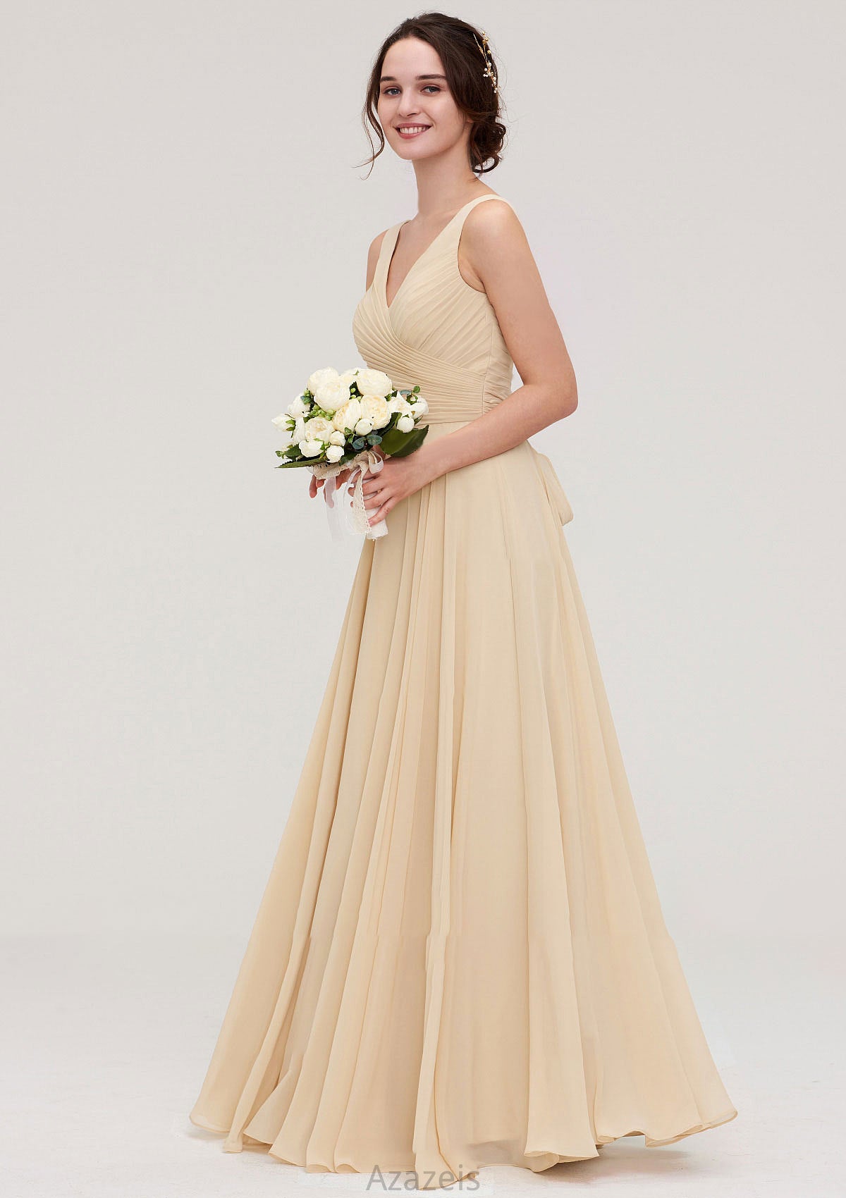 A-line/Princess V Neck Long/Floor-Length A-line/Princess Chiffon Bridesmaid Dresses With Sashes Pleated Maggie DFP0025322