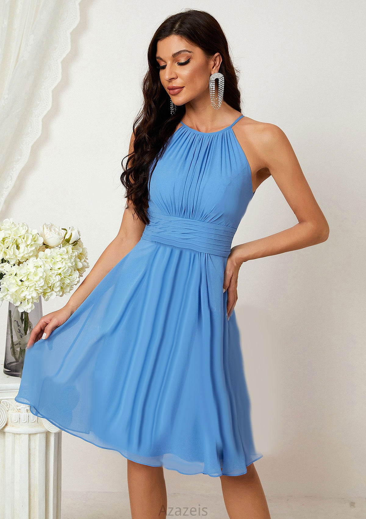 A-line Halter Sleeveless Knee-Length Chiffon Bridesmaid Dresses With Pleated    Adrianna DFP0025324