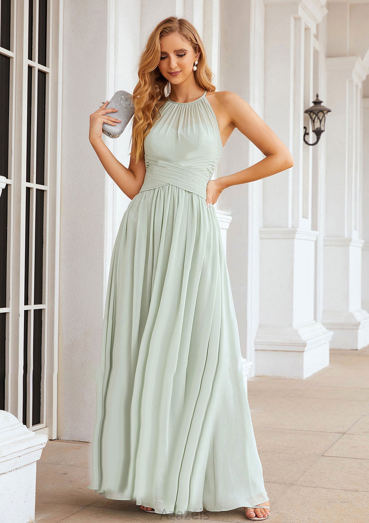 A-line Halter Sleeveless Long/Floor-Length Chiffon Bridesmaid Dresses With Pleated Marianna DFP0025325