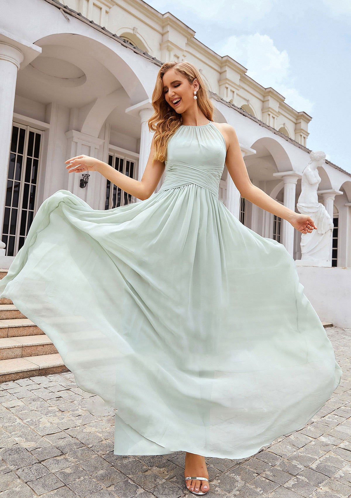 A-line Halter Sleeveless Long/Floor-Length Chiffon Bridesmaid Dresses With Pleated Marianna DFP0025325