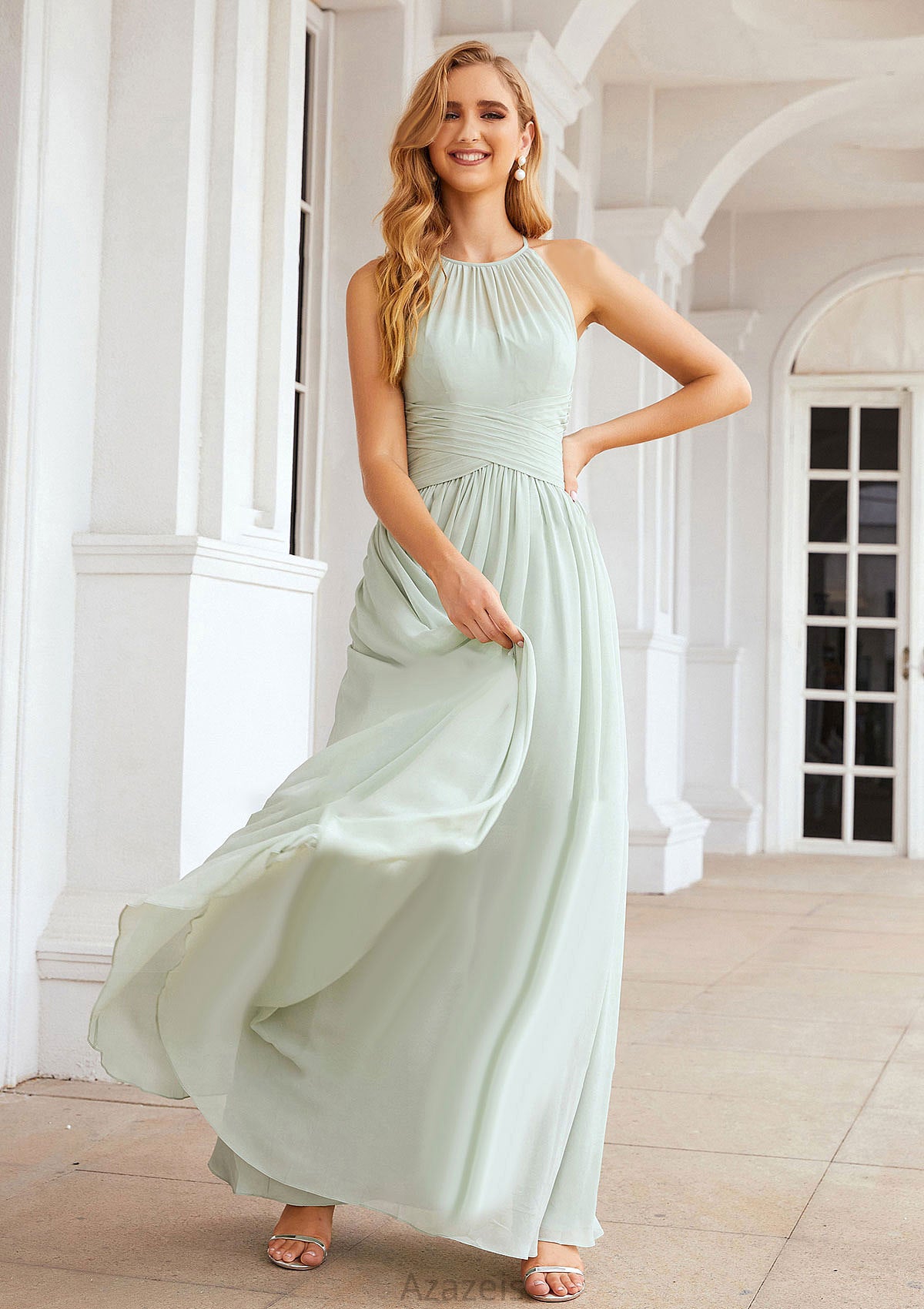 A-line Halter Sleeveless Long/Floor-Length Chiffon Bridesmaid Dresses With Pleated Marianna DFP0025325