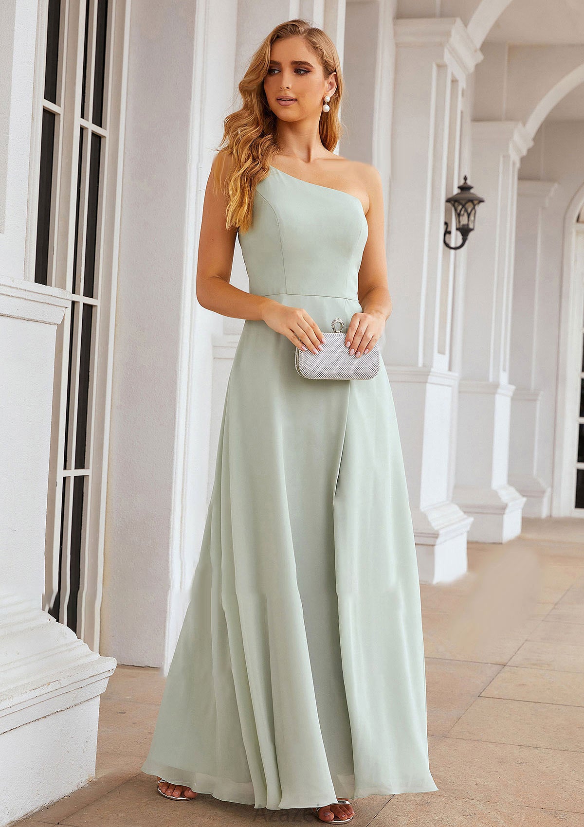 A-line One-Shoulder Sleeveless Long/Floor-Length Chiffon Bridesmaid Dresses With Split Gisselle DFP0025333