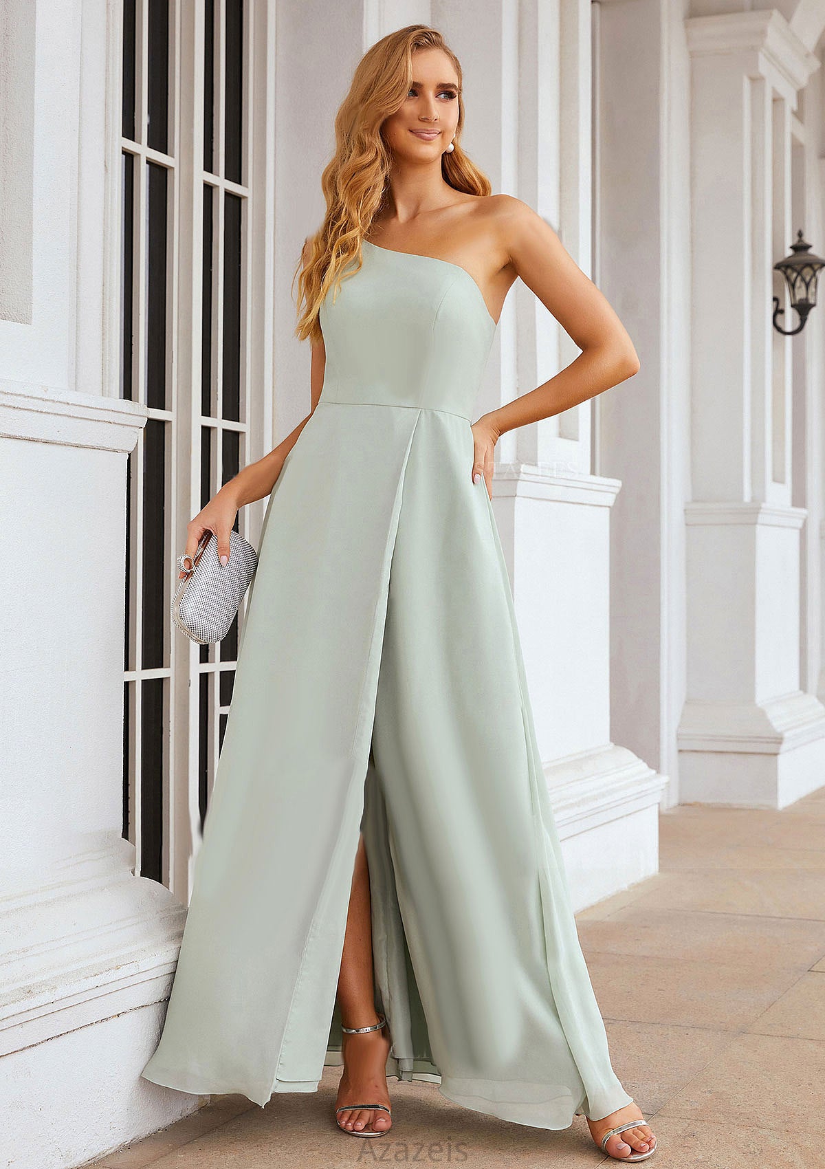 A-line One-Shoulder Sleeveless Long/Floor-Length Chiffon Bridesmaid Dresses With Split Gisselle DFP0025333