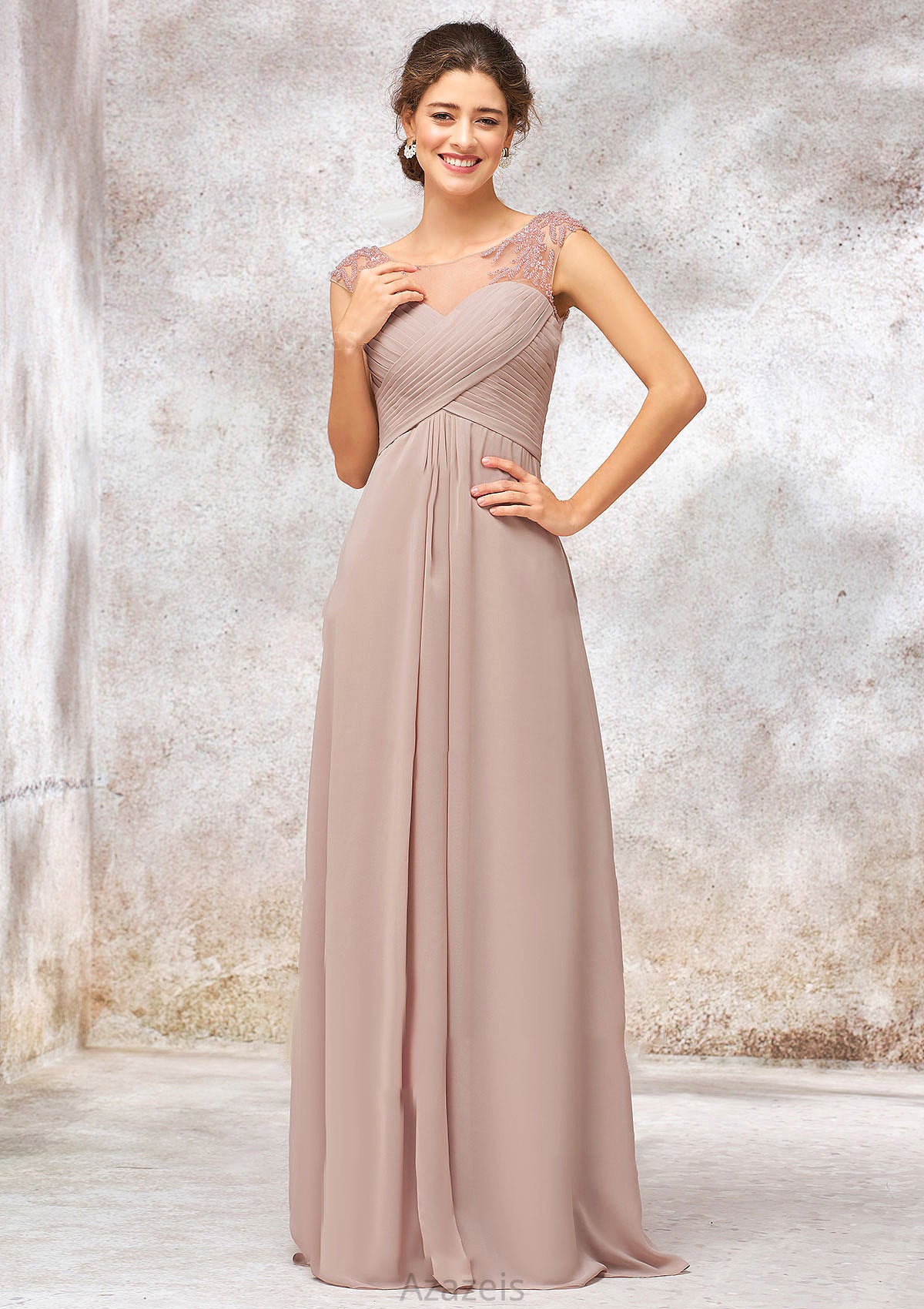 Illusion Neck Long/Floor-Length Chiffon A-line/Princess Bridesmaid Dresses  With Sequins Pleated Beading Aracely DFP0025334