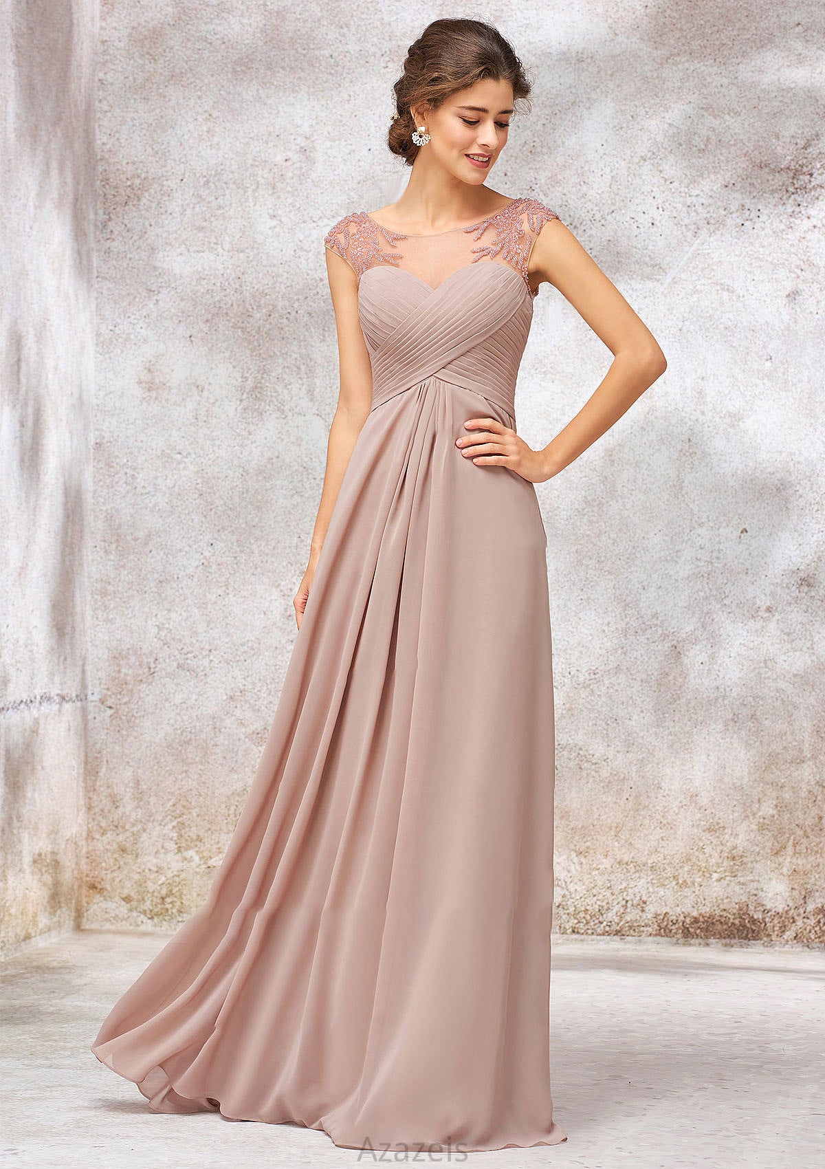 Illusion Neck Long/Floor-Length Chiffon A-line/Princess Bridesmaid Dresses  With Sequins Pleated Beading Aracely DFP0025334