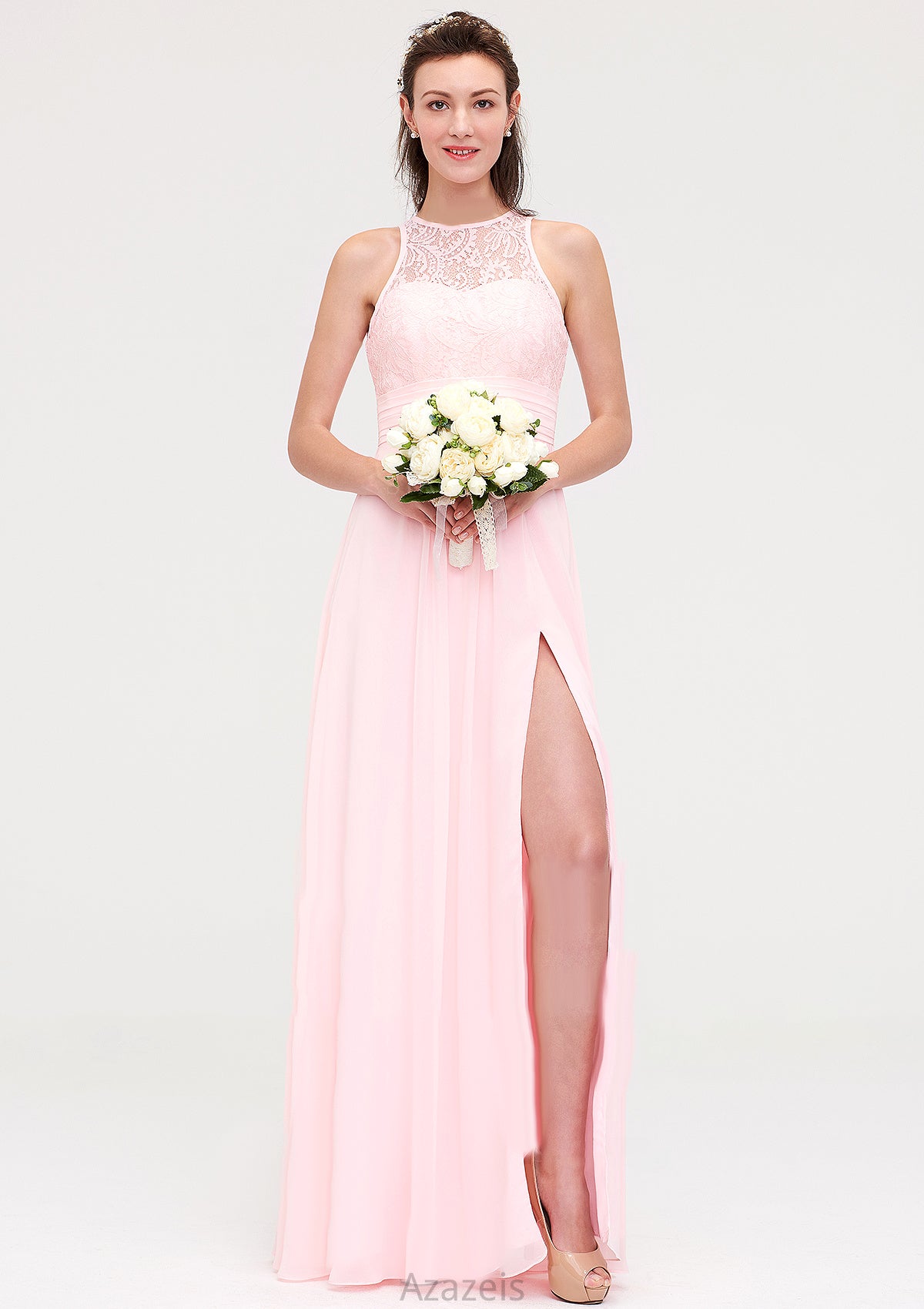 Sleeveless Scoop Neck Chiffon A-line/Princess Long/Floor-Length Bridesmaid Dresseses With Split Lace Jazlyn DFP0025349