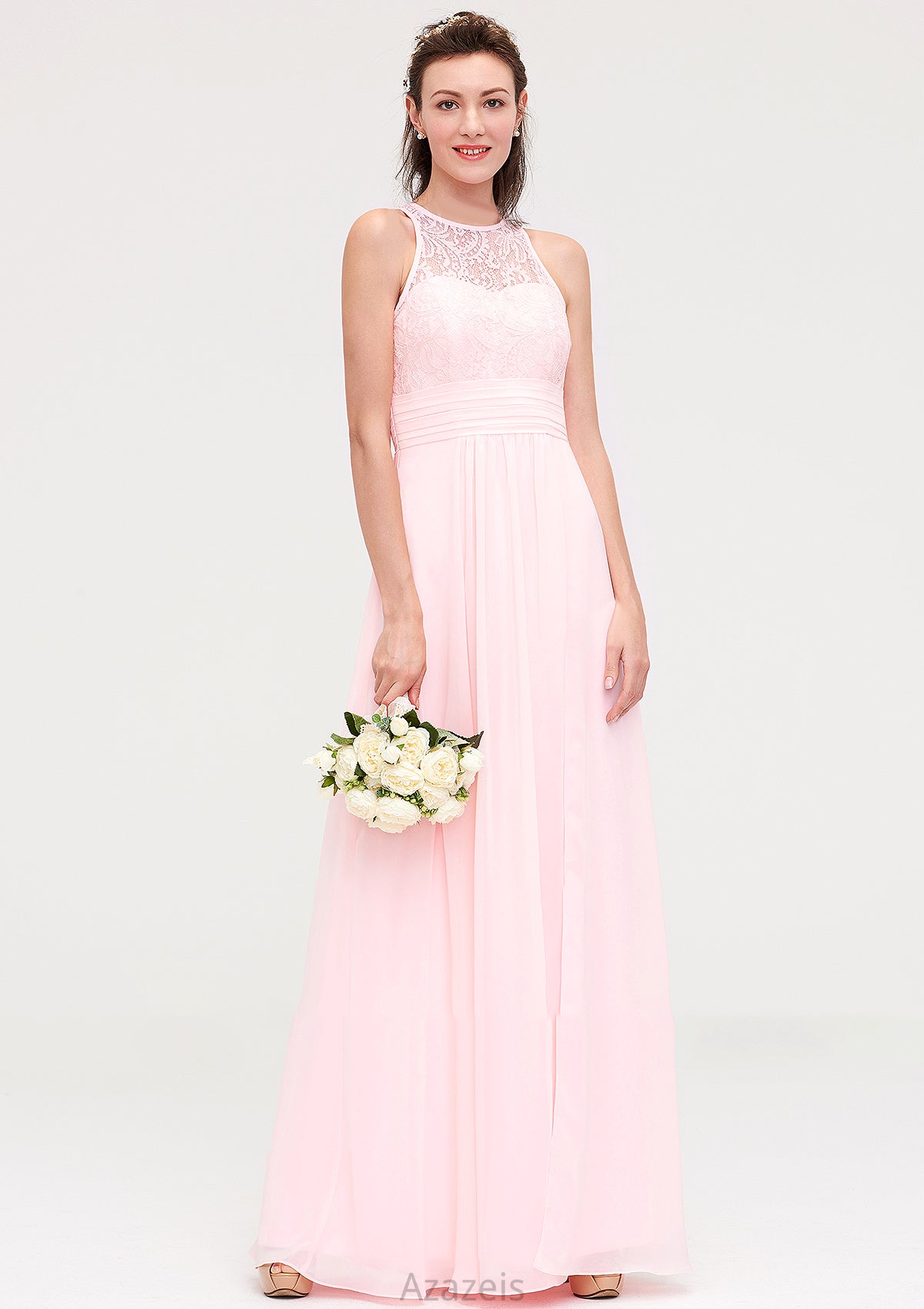 Sleeveless Scoop Neck Chiffon A-line/Princess Long/Floor-Length Bridesmaid Dresseses With Split Lace Jazlyn DFP0025349