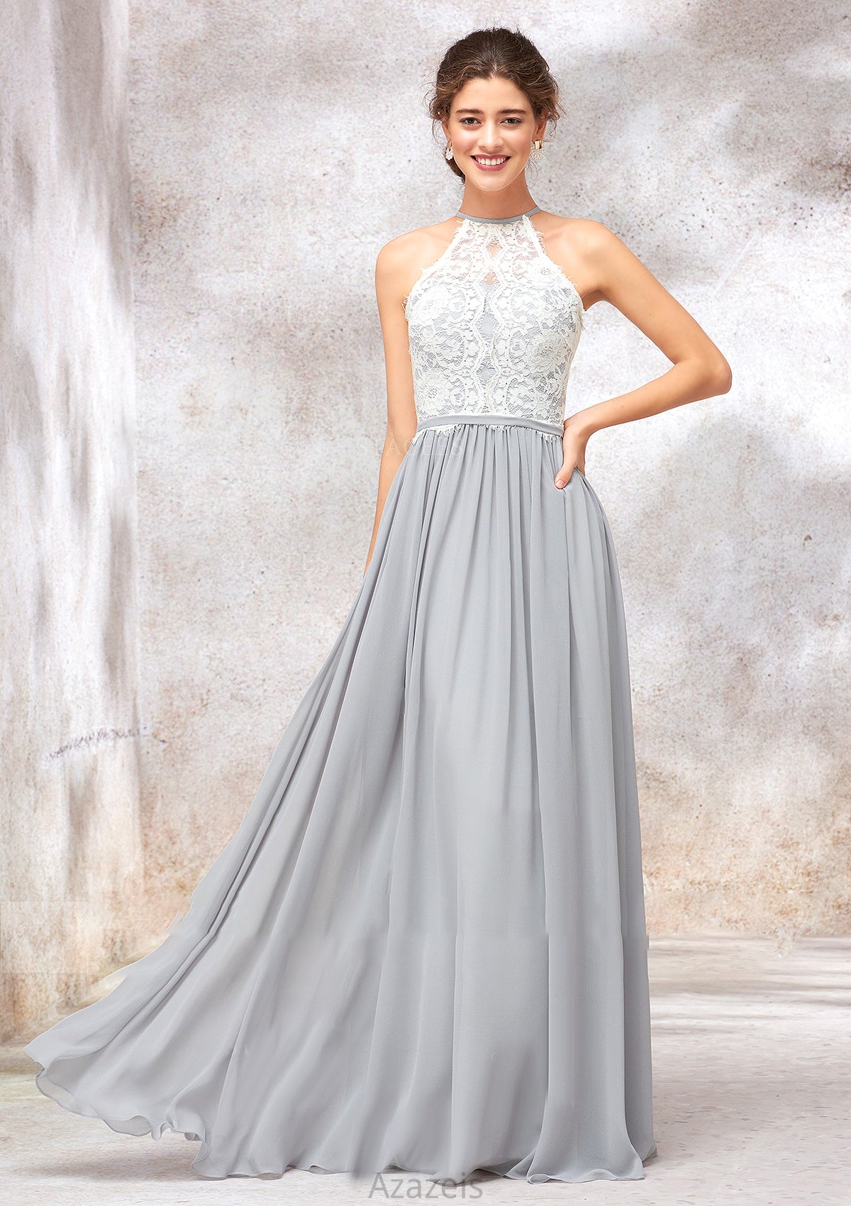 Scoop Neck A-line/Princess Sleeveless Chiffon Long/Floor-Length Bridesmaid Dresses With Lace Katelyn DFP0025350