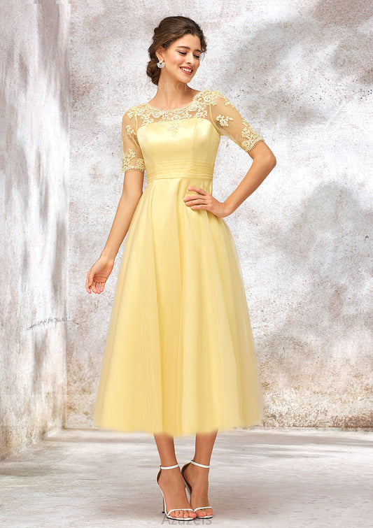 Short Sleeve A-line/Princess Tulle Bateau Bridesmaid Dresses With Lace Appliqued Stella DFP0025351