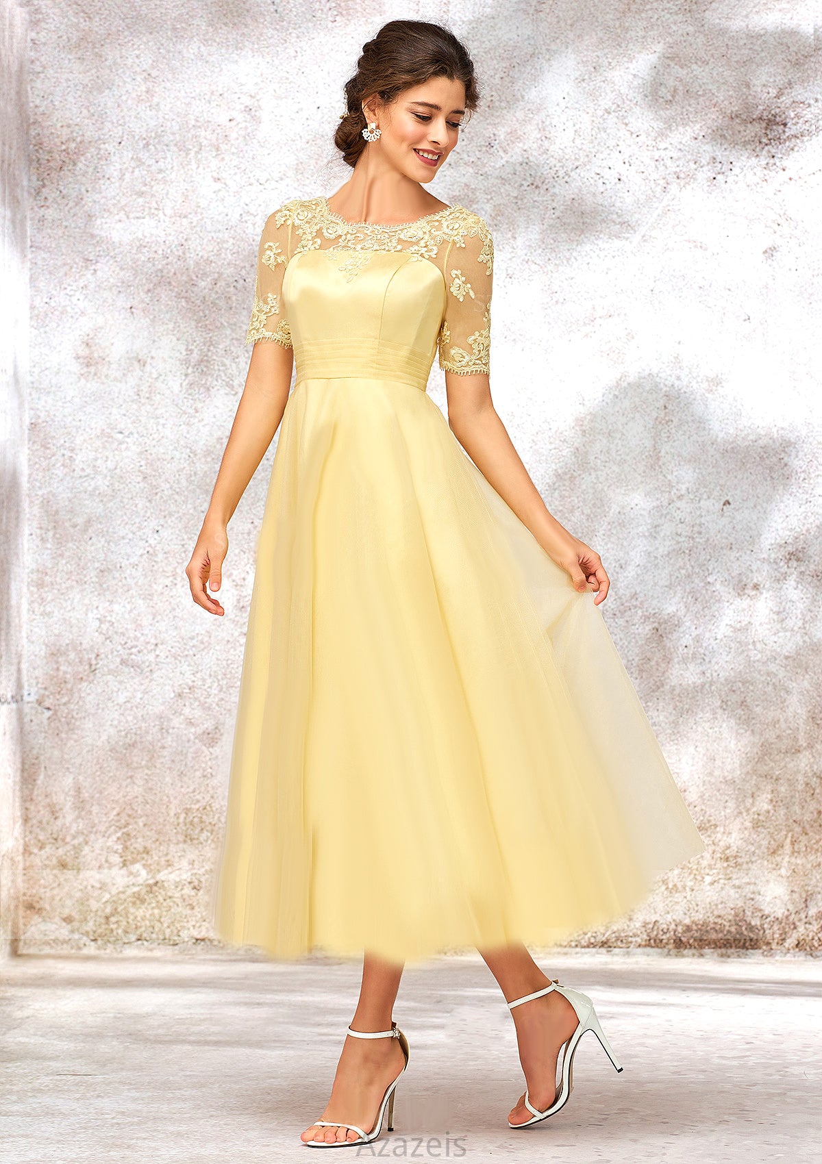 Short Sleeve A-line/Princess Tulle Bateau Bridesmaid Dresses With Lace Appliqued Stella DFP0025351