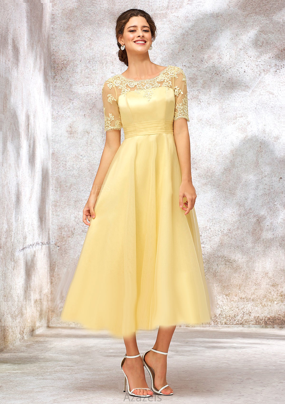 Short Sleeve A-line/Princess Tulle Bateau Bridesmaid Dresses With Lace Appliqued Stella DFP0025351