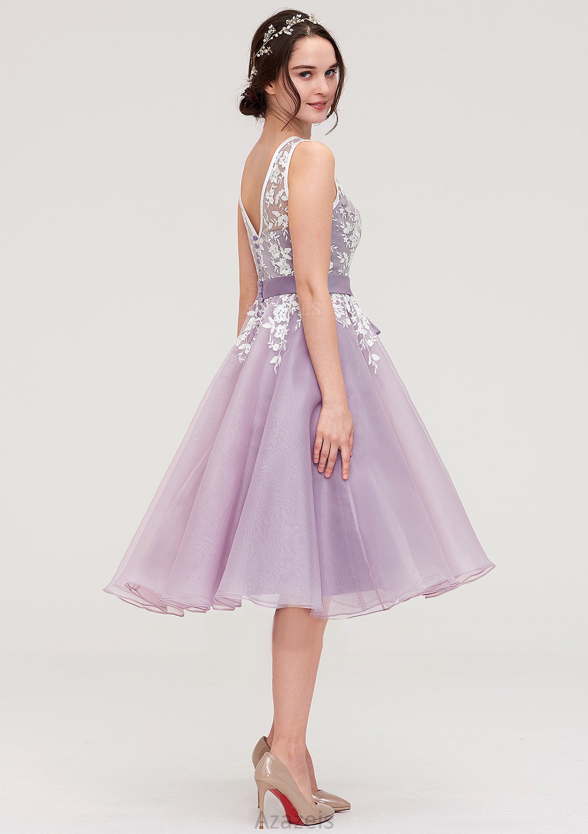 Bateau Sleeveless Organza Knee-Length A-line/Princess Bridesmaid Dresses With Sashes Lace Shelby DFP0025358