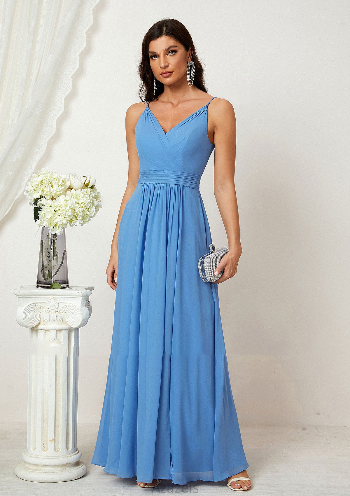 A-line V Neck Sleeveless Chiffon Long/Floor-Length Bridesmaid Dresses With Split Pleated Winnie DFP0025362