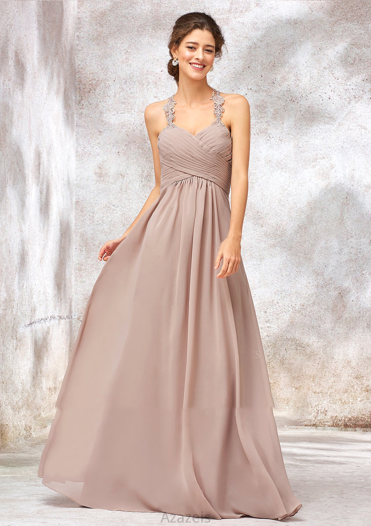 A-line Sweetheart Sleeveless Chiffon Long/Floor-Length Bridesmaid Dresses With Lace Pleated Kelly DFP0025365