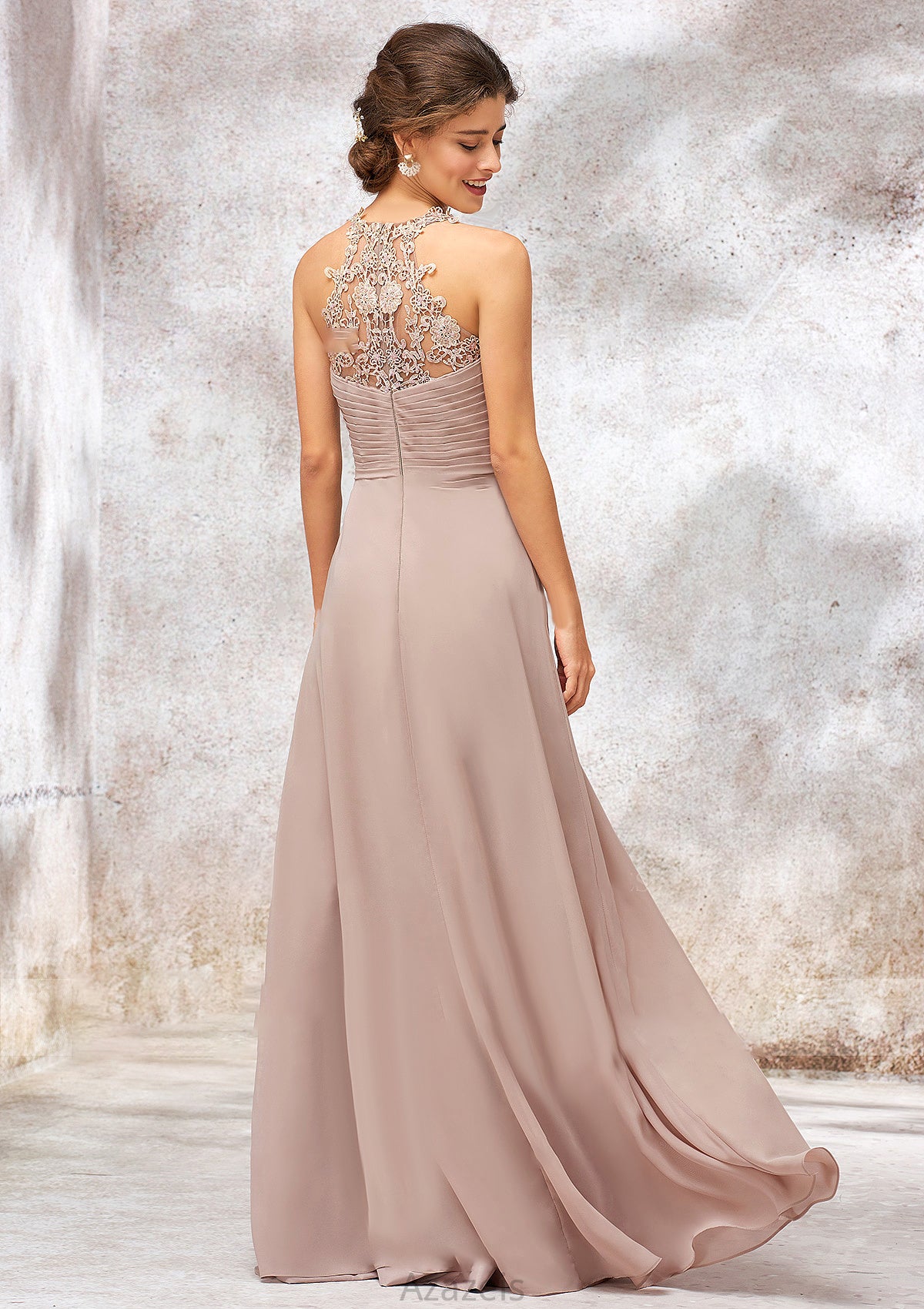 A-line Sweetheart Sleeveless Chiffon Long/Floor-Length Bridesmaid Dresses With Lace Pleated Kelly DFP0025365