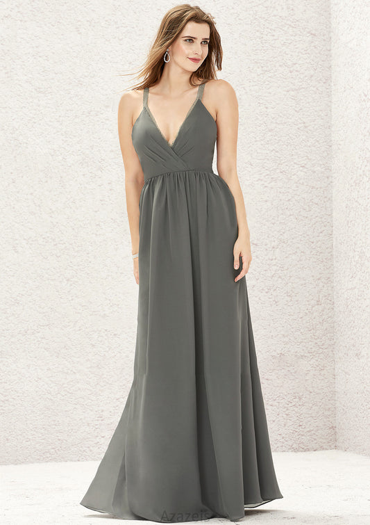 A-line V Neck Sleeveless Chiffon Long/Floor-Length Bridesmaid Dresses With Pleated Lace Maliyah DFP0025367