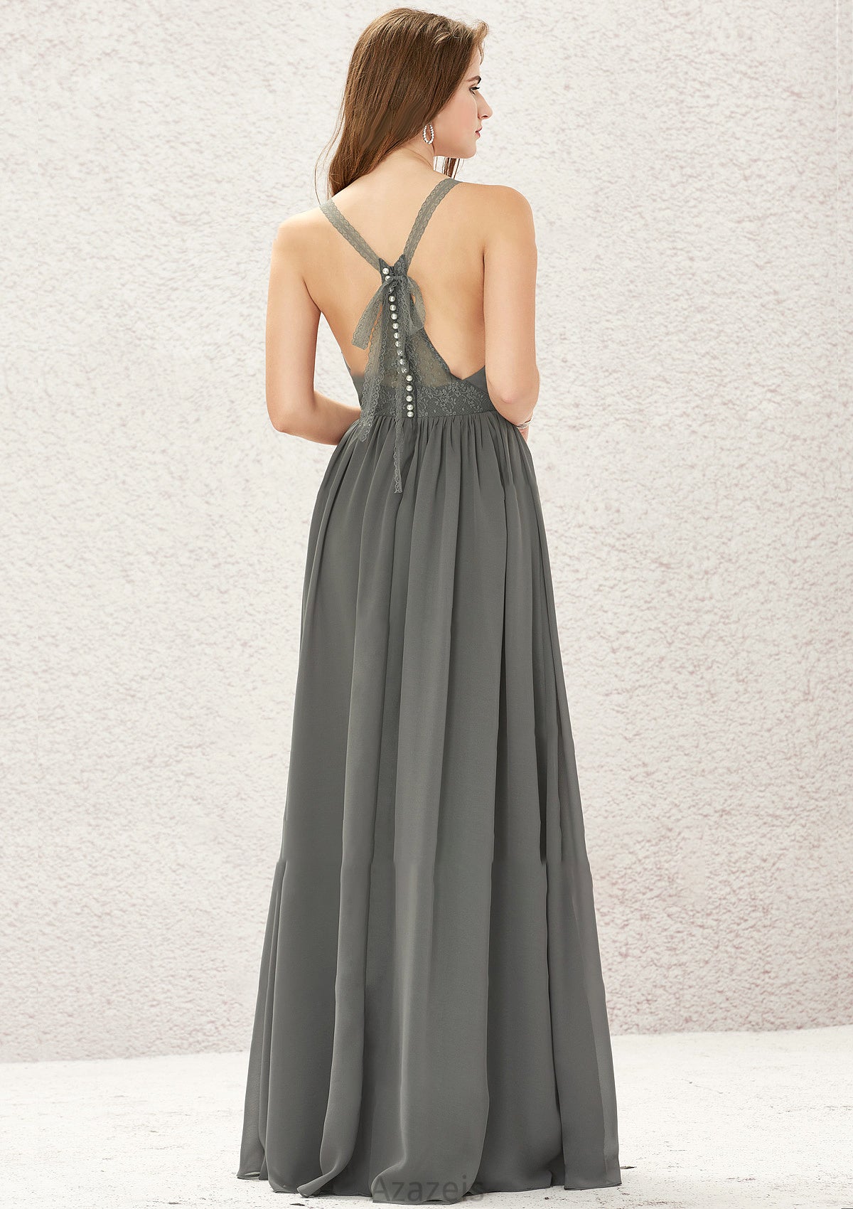 A-line V Neck Sleeveless Chiffon Long/Floor-Length Bridesmaid Dresses With Pleated Lace Maliyah DFP0025367