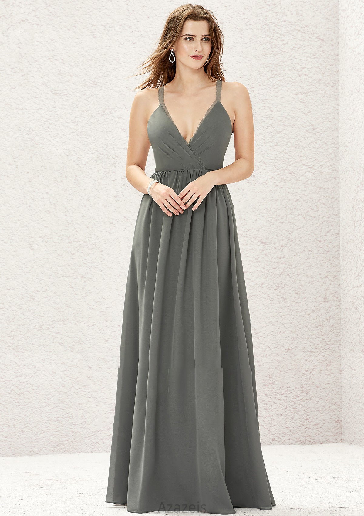 A-line V Neck Sleeveless Chiffon Long/Floor-Length Bridesmaid Dresses With Pleated Lace Maliyah DFP0025367