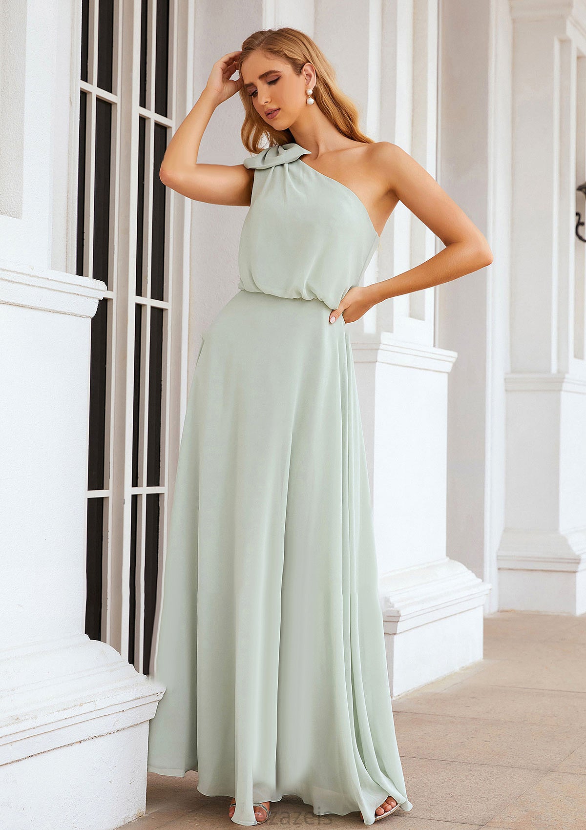 A-line One-Shoulder Sleeveless Long/Floor-Length Chiffon Bridesmaid Dresses With Shoulder Flower Gloria DFP0025369