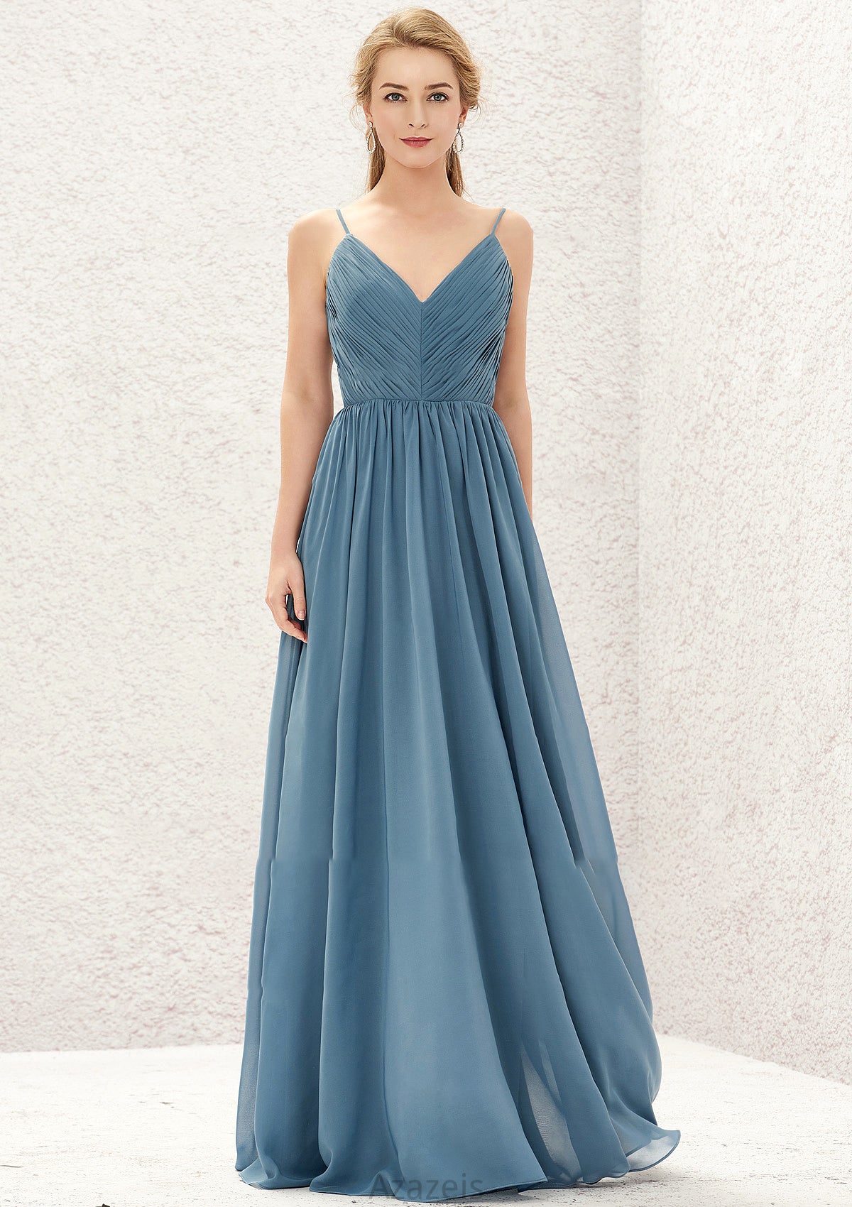 A-line V Neck Sleeveless Chiffon Long/Floor-Length Bridesmaid Dresses With Pleated Damaris DFP0025370