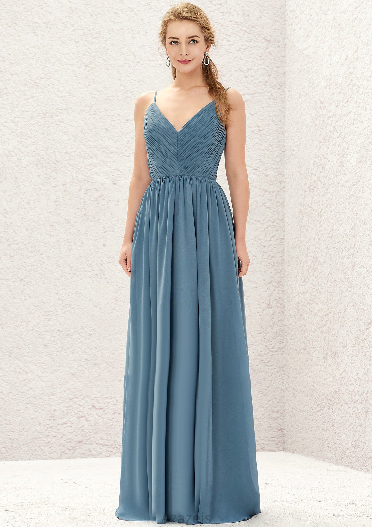 A-line V Neck Sleeveless Chiffon Long/Floor-Length Bridesmaid Dresses With Pleated Damaris DFP0025370