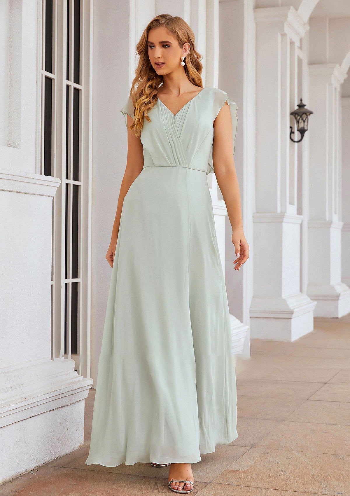 A-line V Neck Sleeveless Long/Floor-Length Chiffon Bridesmaid Dresses With Pleated Split Sanai DFP0025372