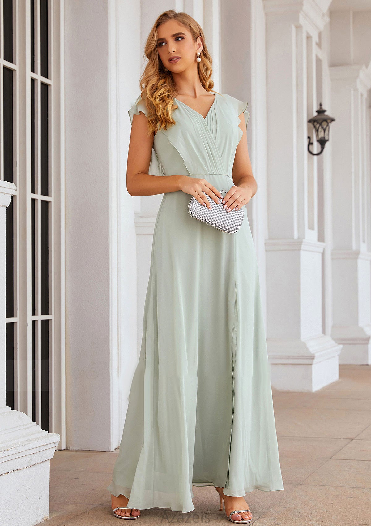 A-line V Neck Sleeveless Long/Floor-Length Chiffon Bridesmaid Dresses With Pleated Split Sanai DFP0025372