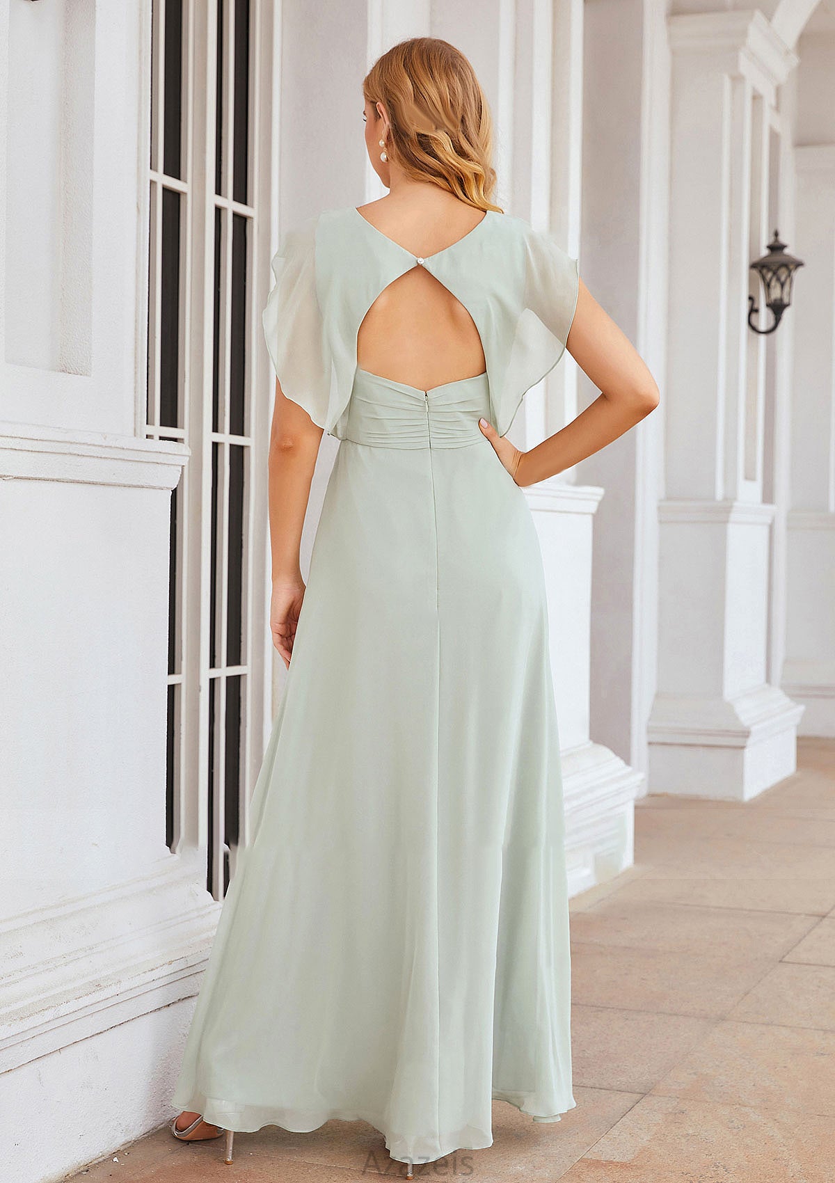 A-line V Neck Sleeveless Long/Floor-Length Chiffon Bridesmaid Dresses With Pleated Split Sanai DFP0025372