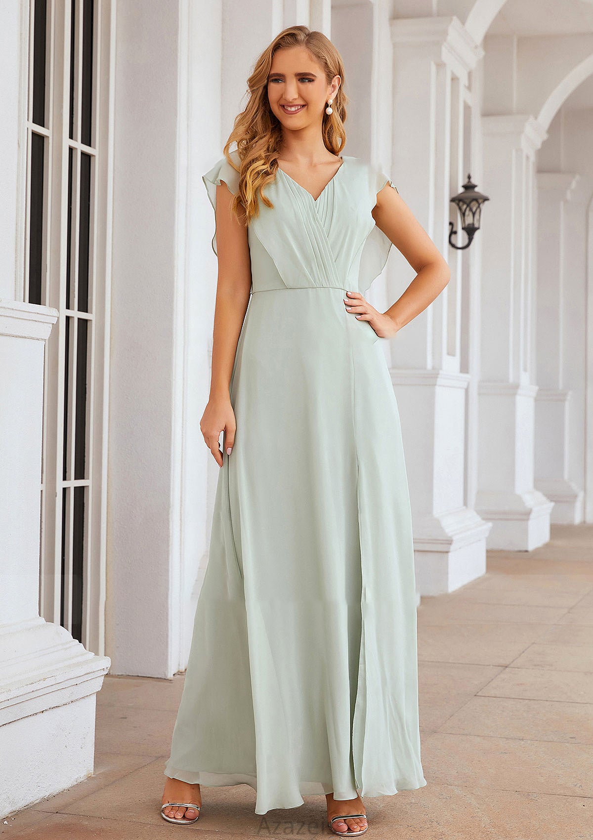 A-line V Neck Sleeveless Long/Floor-Length Chiffon Bridesmaid Dresses With Pleated Split Sanai DFP0025372