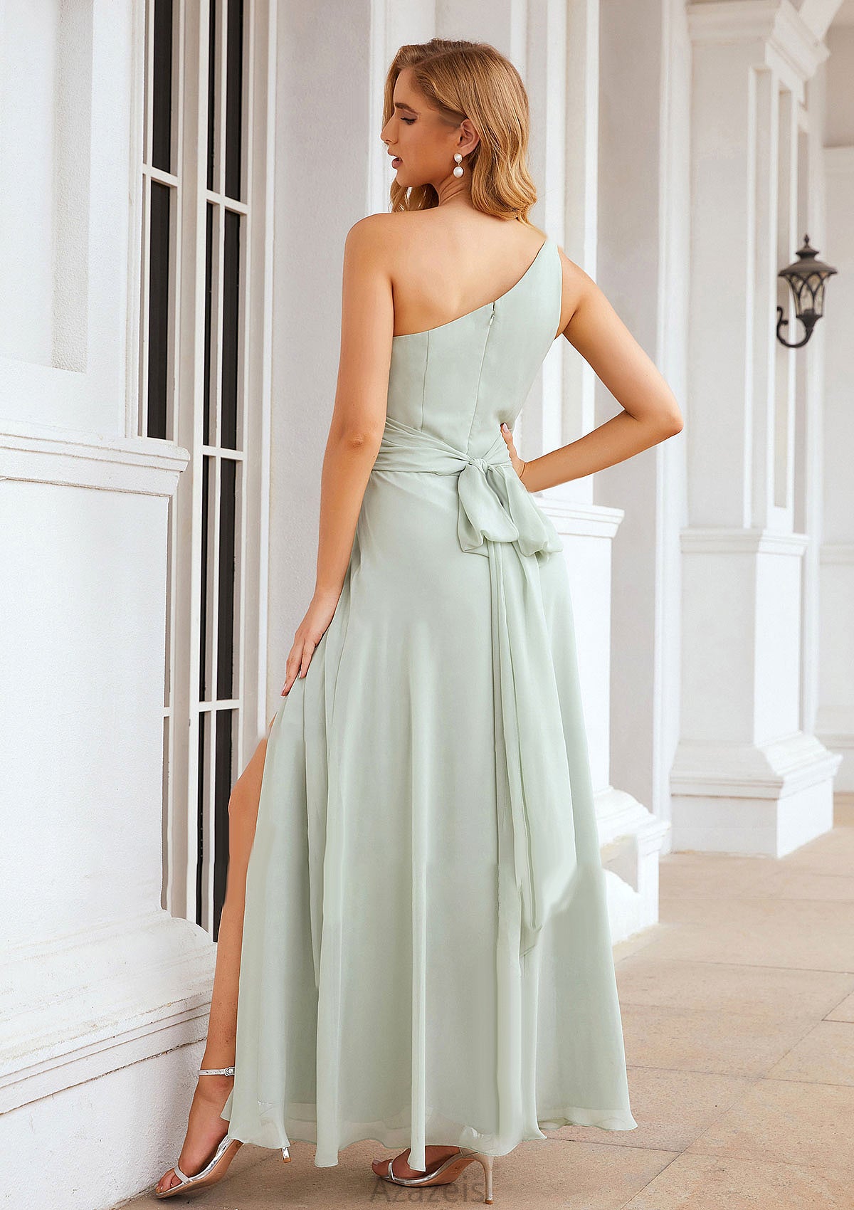 Sheath/Column One-Shoulder Sleeveless Long Chiffon Bridesmaid Dresseses With Pleated Waistband Split Rebecca DFP0025373