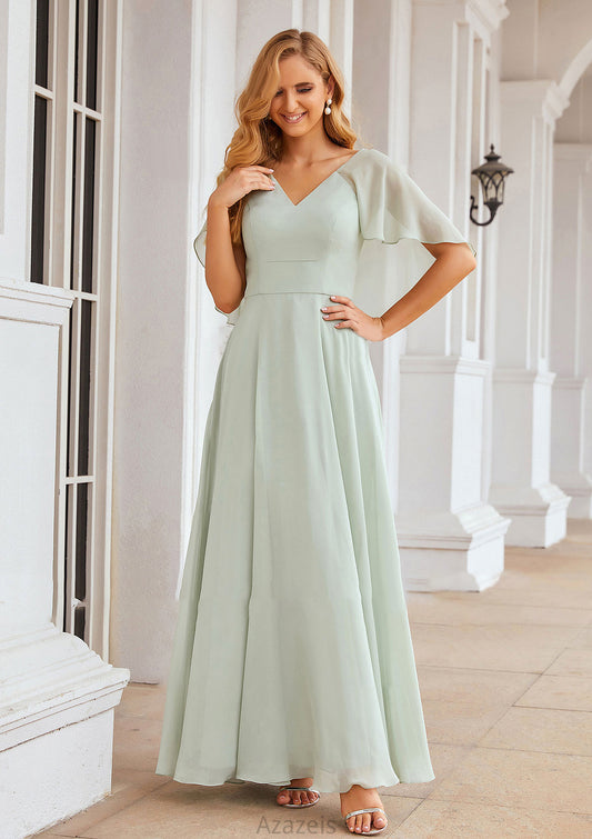 A-line V Neck Short Sleeve Long/Floor-Length Chiffon Bridesmaid Dresses Aubree DFP0025376