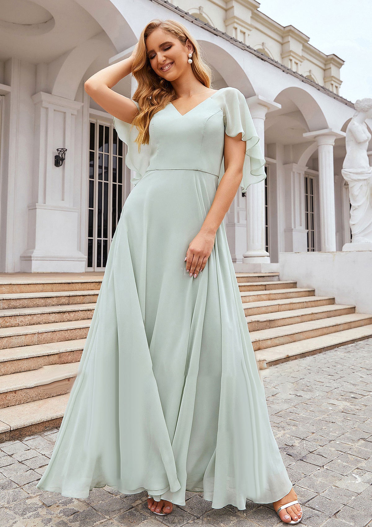 A-line V Neck Short Sleeve Long/Floor-Length Chiffon Bridesmaid Dresses Aubree DFP0025376