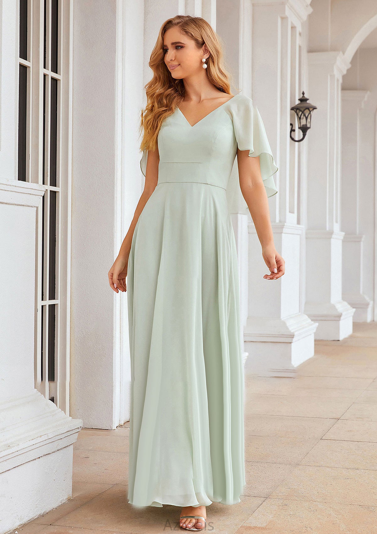 A-line V Neck Short Sleeve Long/Floor-Length Chiffon Bridesmaid Dresses Aubree DFP0025376