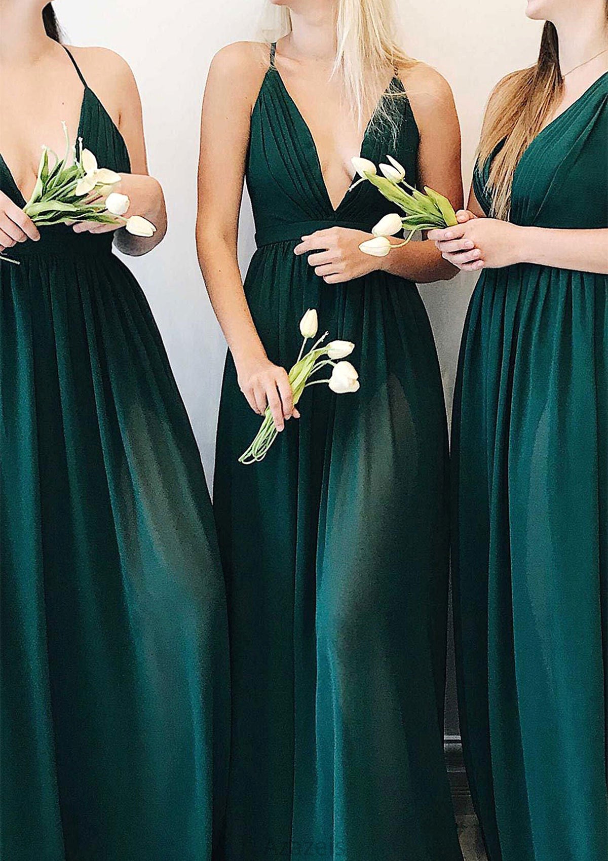 A-line V Neck Sleeveless Long/Floor-Length Chiffon Bridesmaid Dresses With Pleated Adison DFP0025377