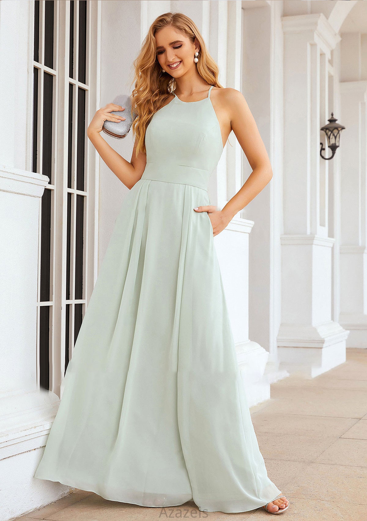 A-line Scoop Neck Sleeveless Long/Floor-Length Chiffon Bridesmaid Dresses With Pleated Pockets Alaina DFP0025378