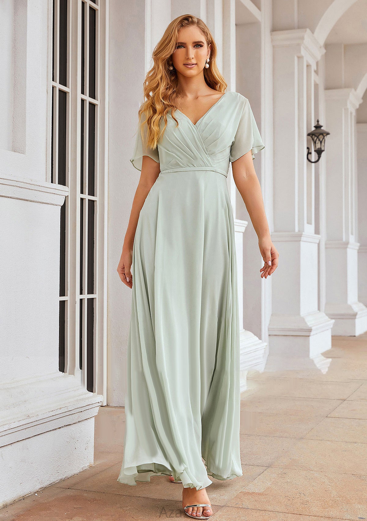 A-line V Neck Short Sleeve Chiffon Long/Floor-Length Bridesmaid Dresses With Pleated Waistband Jasmine DFP0025381