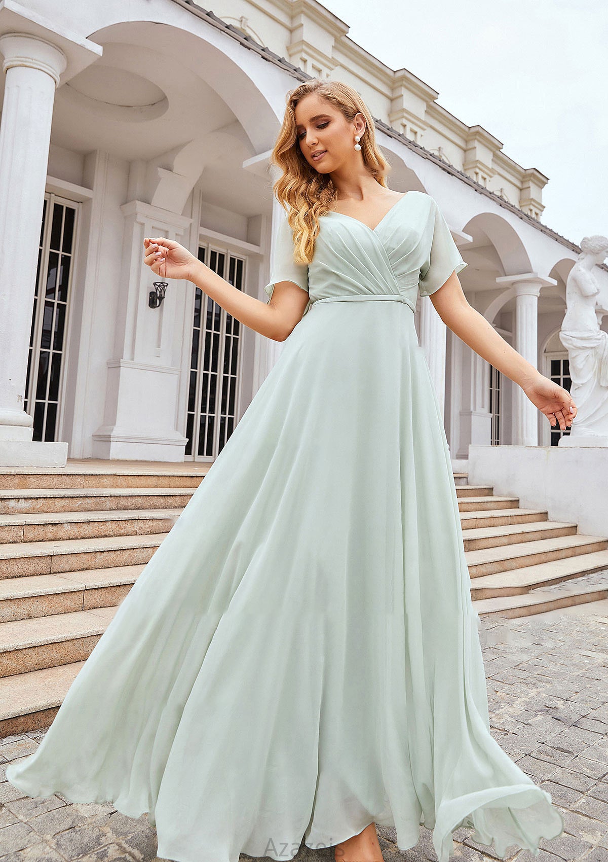 A-line V Neck Short Sleeve Chiffon Long/Floor-Length Bridesmaid Dresses With Pleated Waistband Jasmine DFP0025381