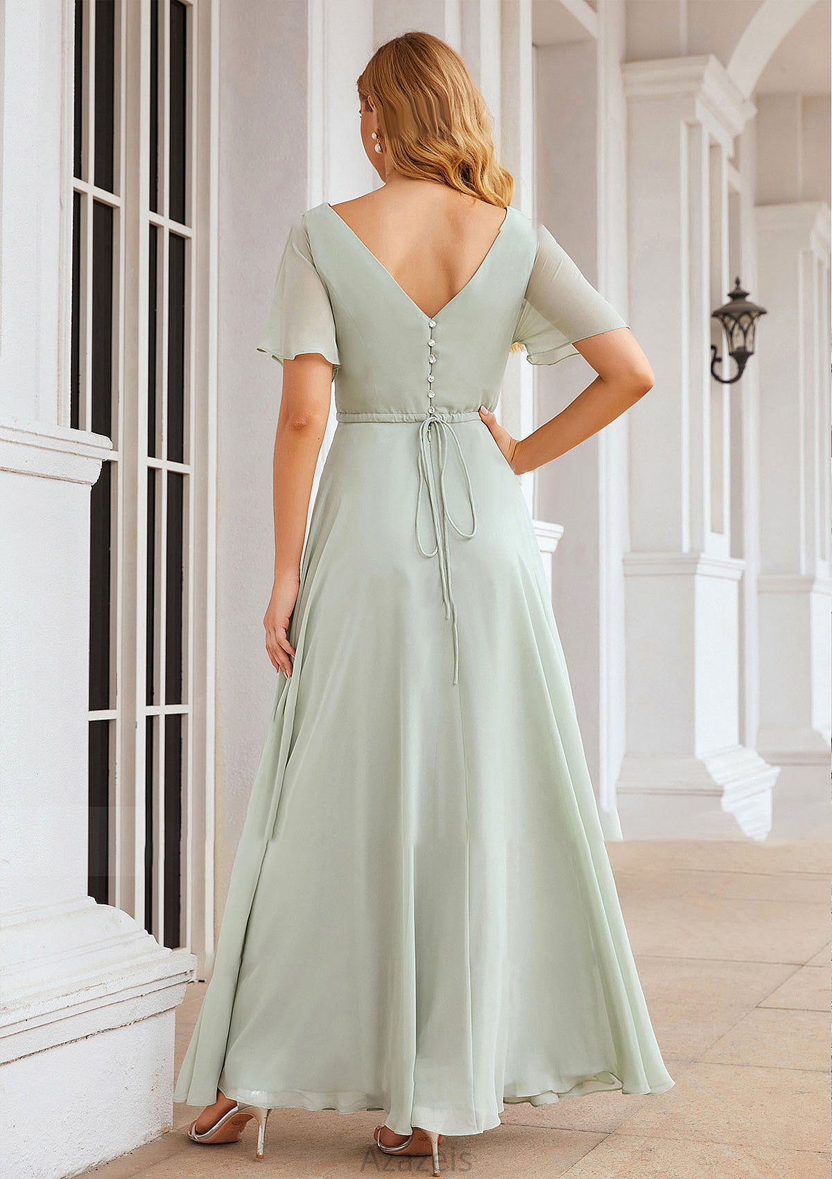 A-line V Neck Short Sleeve Chiffon Long/Floor-Length Bridesmaid Dresses With Pleated Waistband Jasmine DFP0025381