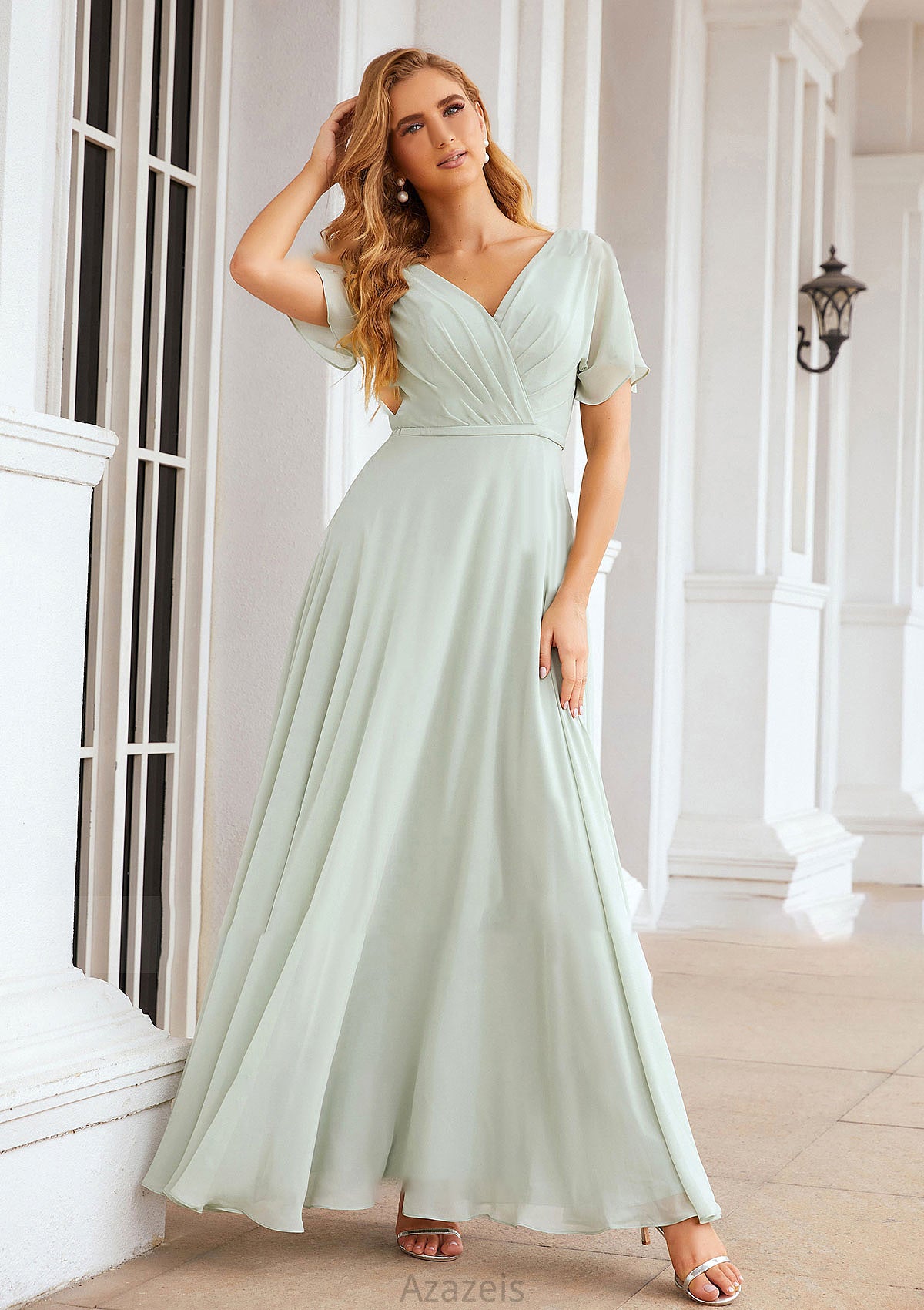 A-line V Neck Short Sleeve Chiffon Long/Floor-Length Bridesmaid Dresses With Pleated Waistband Jasmine DFP0025381