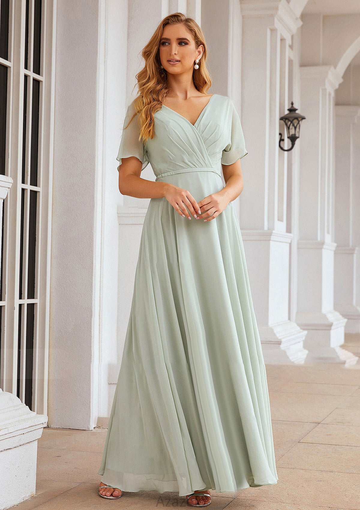 A-line V Neck Short Sleeve Chiffon Long/Floor-Length Bridesmaid Dresses With Pleated Waistband Jasmine DFP0025381