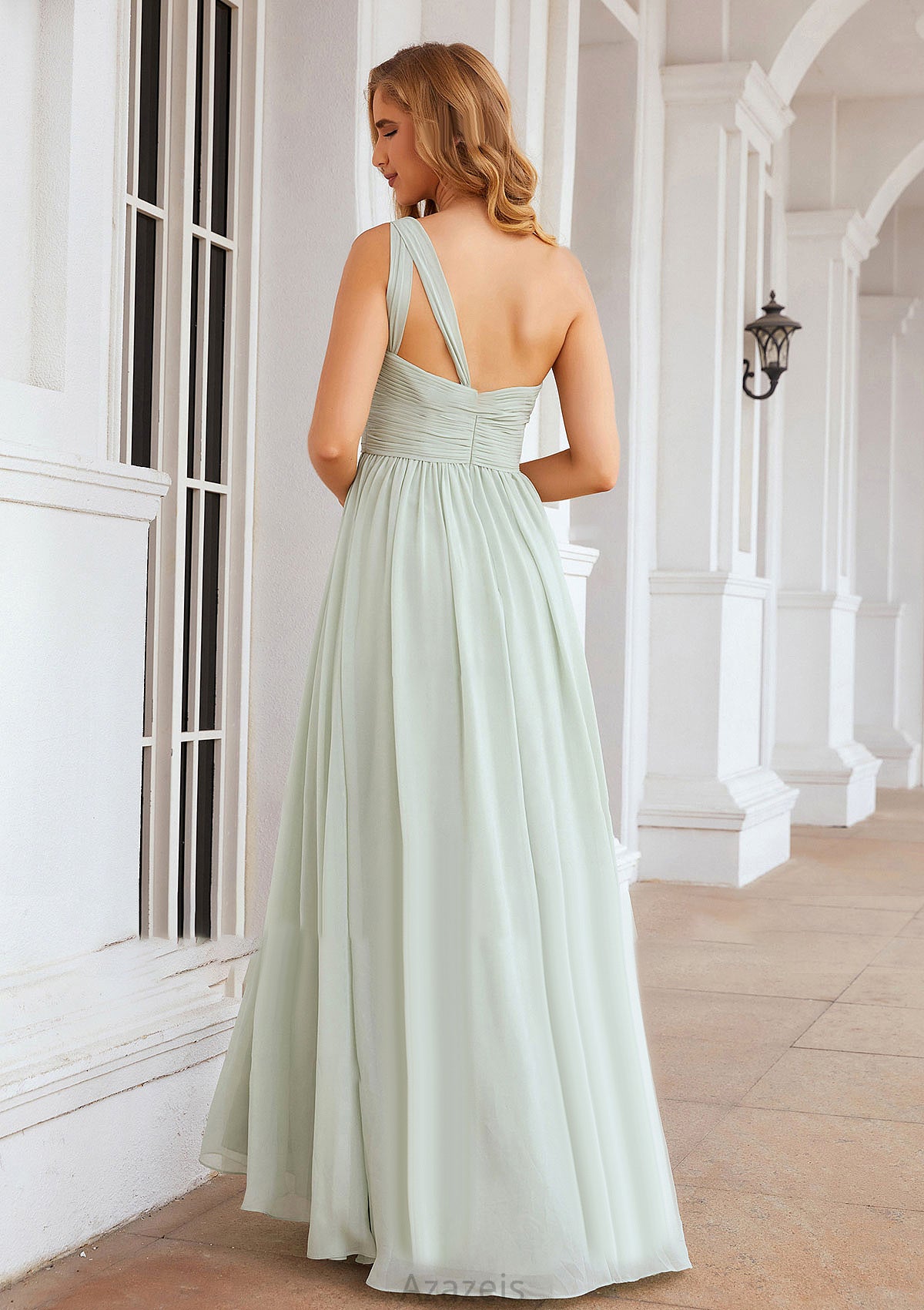 A-line One-Shoulder Sleeveless Chiffon Long/Floor-Length Bridesmaid Dresses With Pleated Priscilla DFP0025382