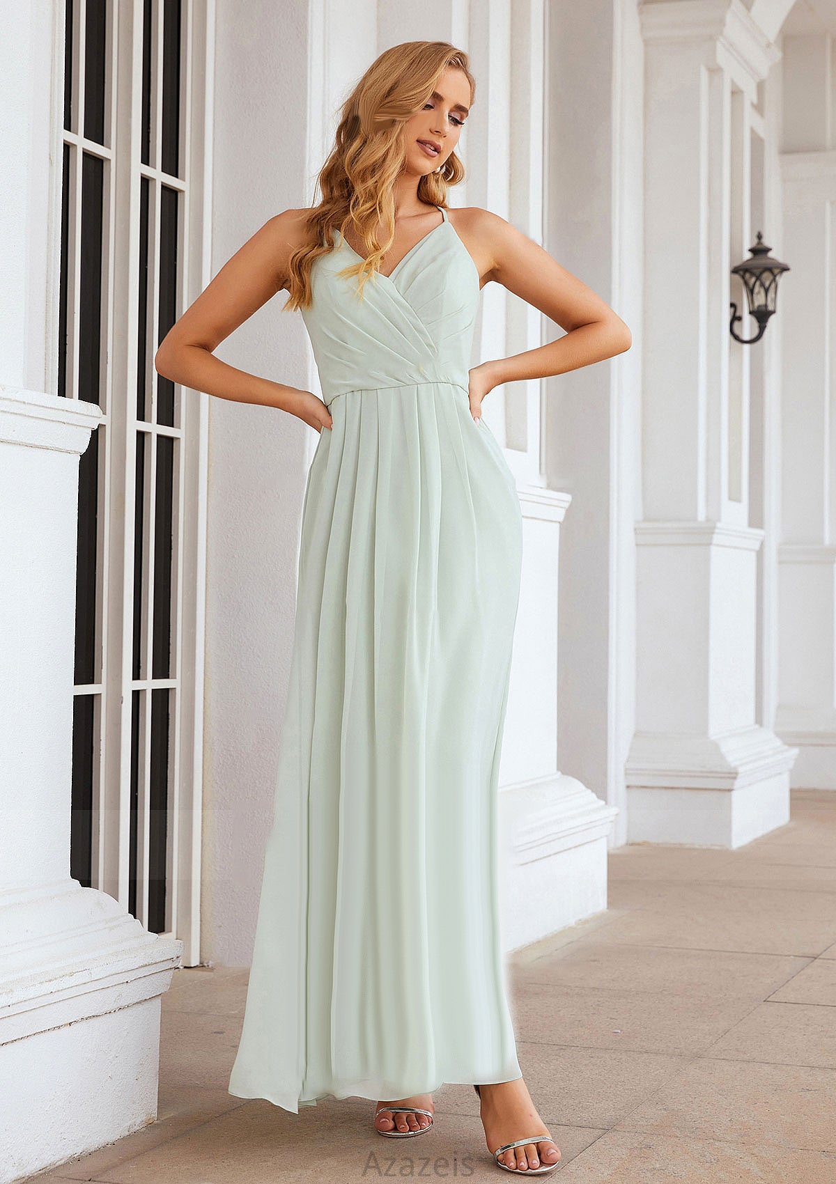 A-line V Neck Sleeveless Chiffon Long/Floor-Length Bridesmaid Dresses With Pleated Mallory DFP0025385