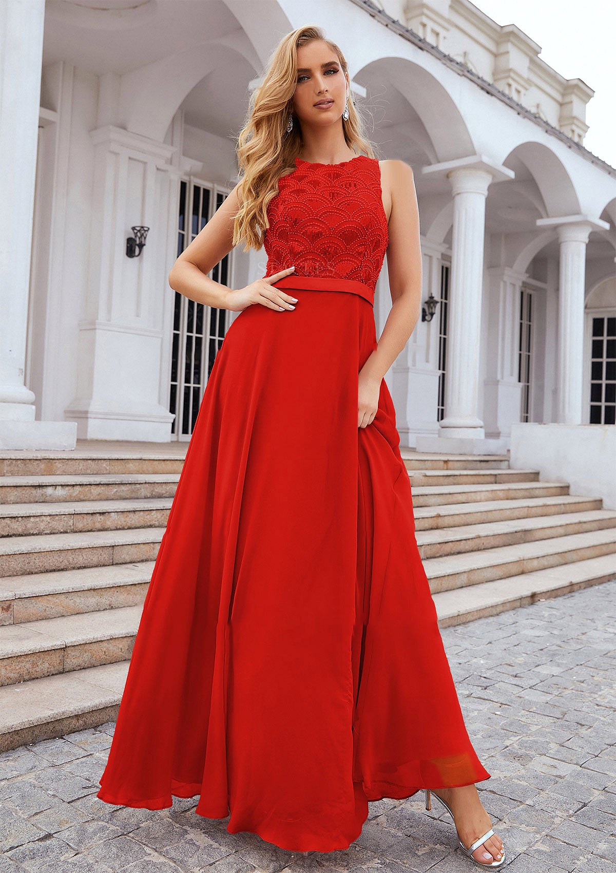 A-line Empire Scalloped Neck Sleeveless Chiffon Long/Floor-Length Bridesmaid Dresses With Beading Sequins Sanaa DFP0025392