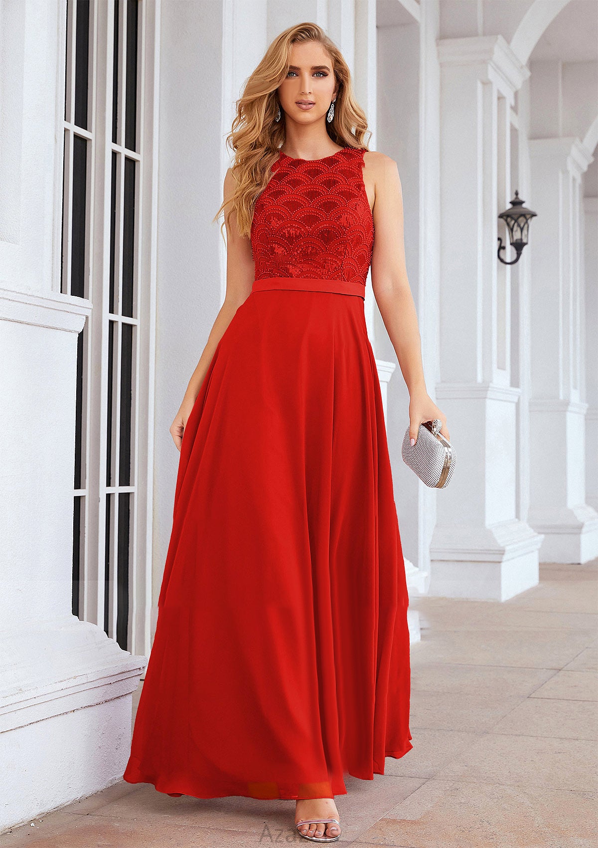 A-line Empire Scalloped Neck Sleeveless Chiffon Long/Floor-Length Bridesmaid Dresses With Beading Sequins Sanaa DFP0025392