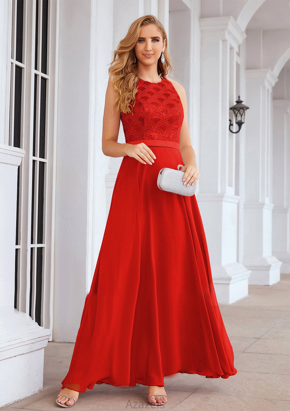 A-line Empire Scalloped Neck Sleeveless Chiffon Long/Floor-Length Bridesmaid Dresses With Beading Sequins Sanaa DFP0025392