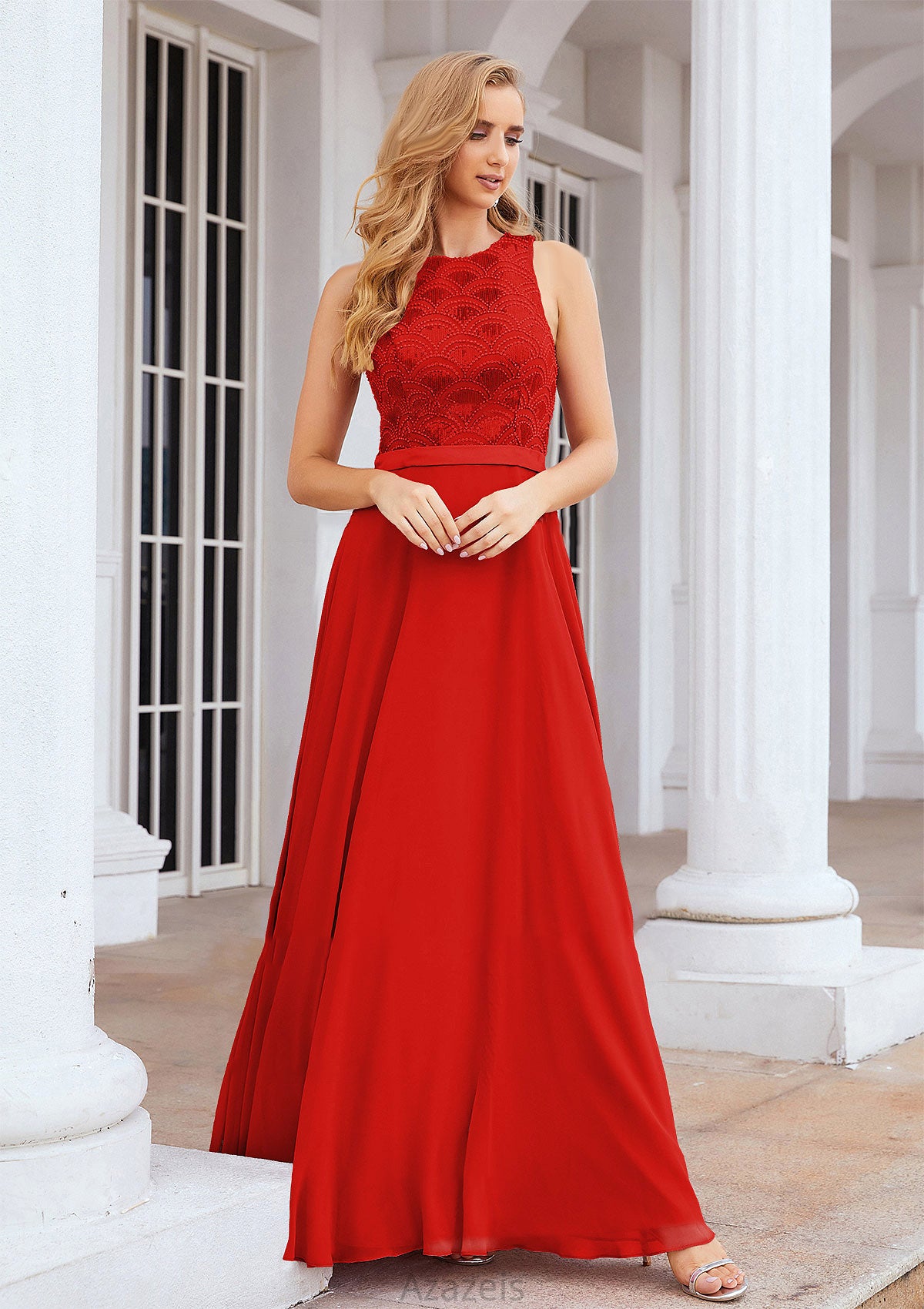 A-line Empire Scalloped Neck Sleeveless Chiffon Long/Floor-Length Bridesmaid Dresses With Beading Sequins Sanaa DFP0025392