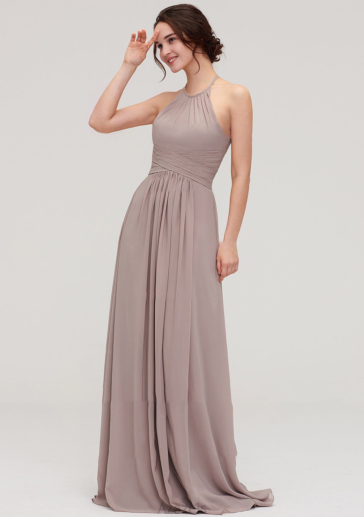 Scoop Neck Sleeveless A-line/Princess Chiffon Long/Floor-Length Bridesmaid Dresseses With Pleated Cristal DFP0025399